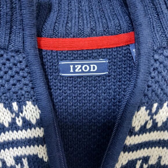 IZOD Sweater Men L 1/4 Zip Fair Isle Nordic Pullover Ski Navy Blue Preppy Chunky - Picture 10 of 16